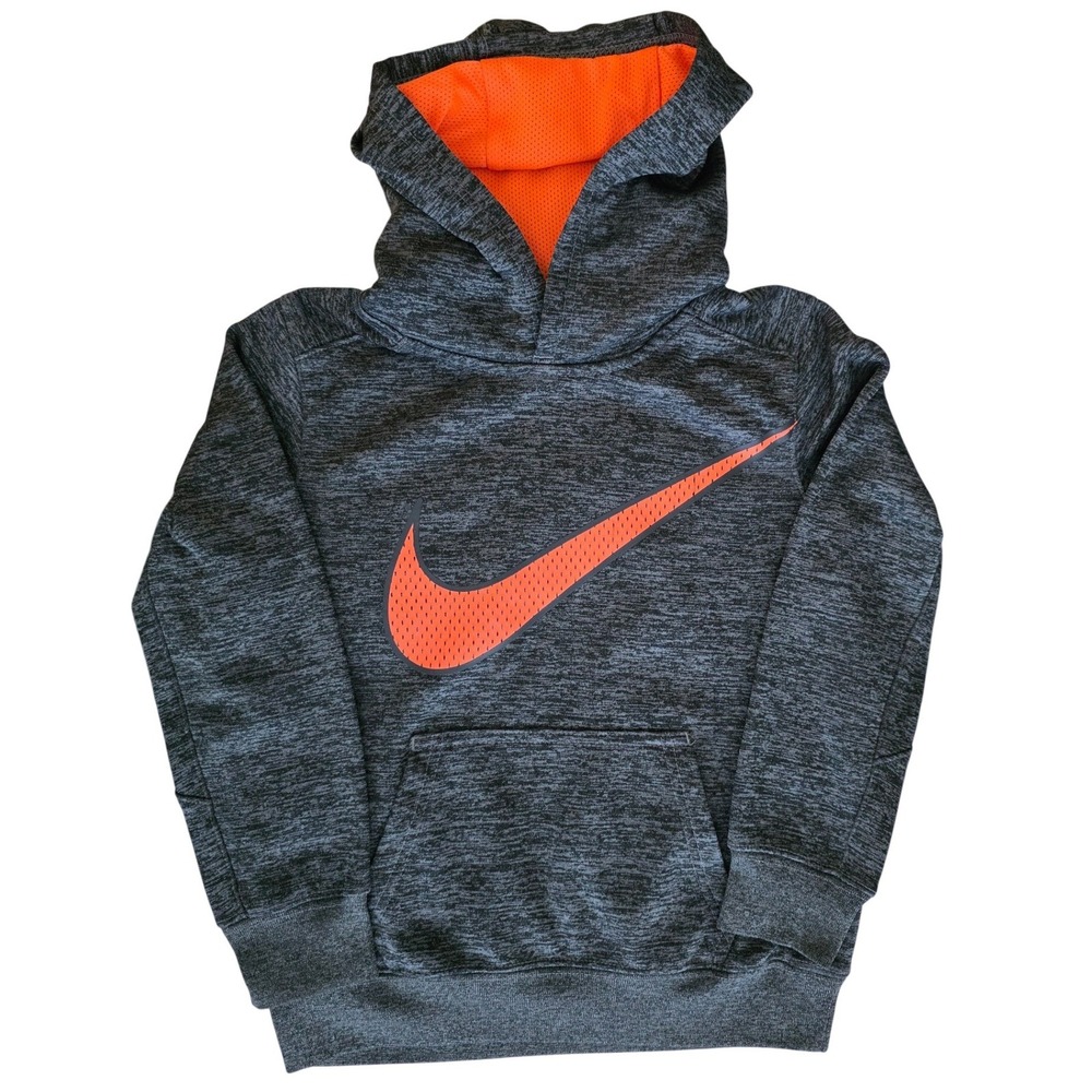 Nike Hoodie Kids 6 Gray Dri-Fit Pullover Space Dye Orange Mesh Swoosh Sweatshirt